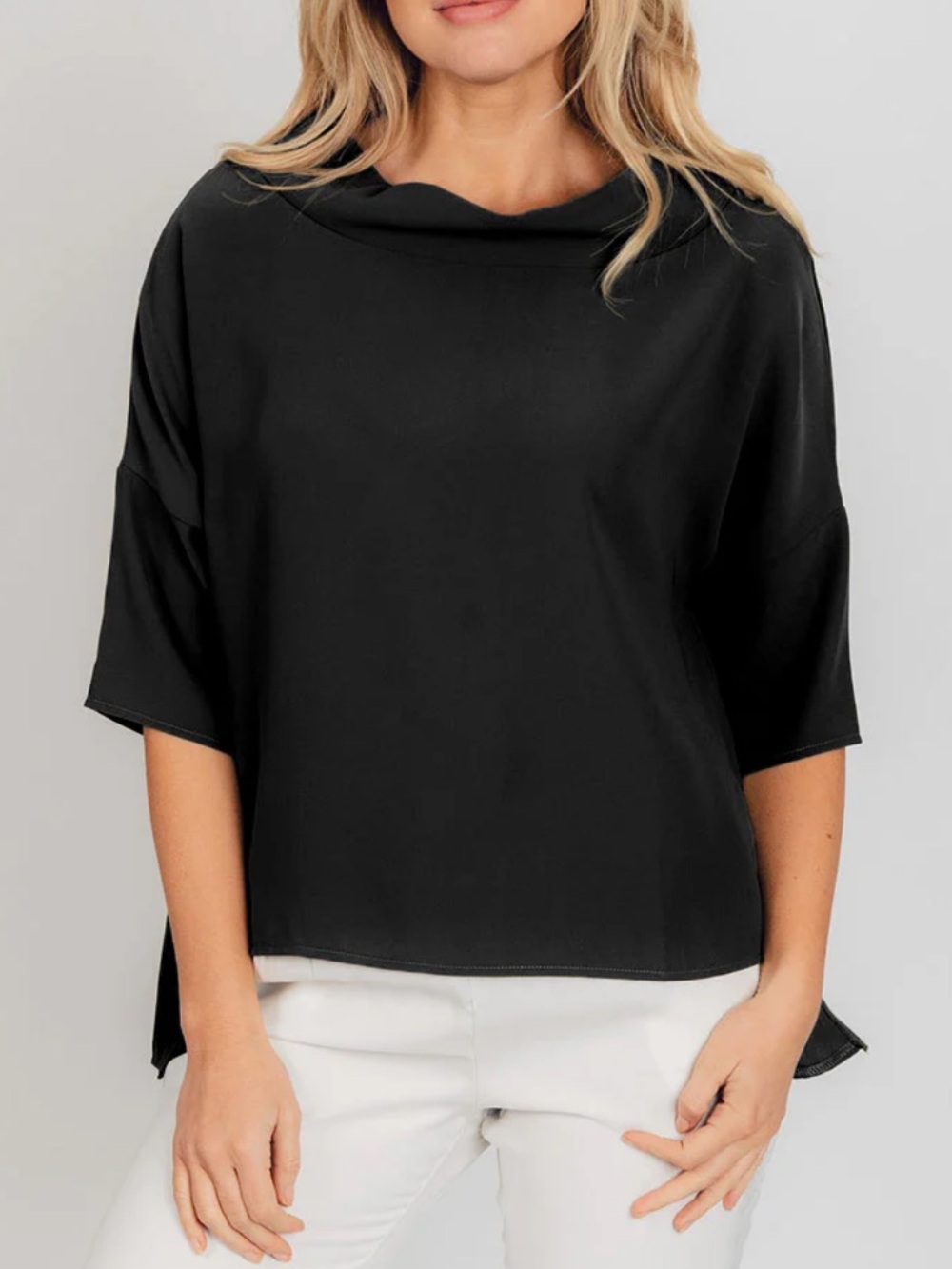 Suzy D Cowl Neck High Low Hem Dolman 3/4 Drop Sleeves Black Blouse Size XL
